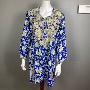 Silk Long Tunic dress XL in Indigo embroidered Bohemian Boho printed
